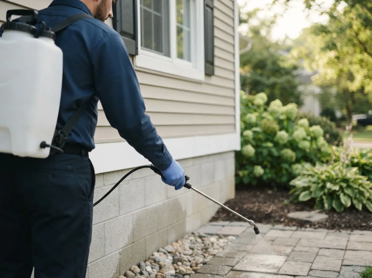 Pest control technician inspecting a home in Laotto, IN